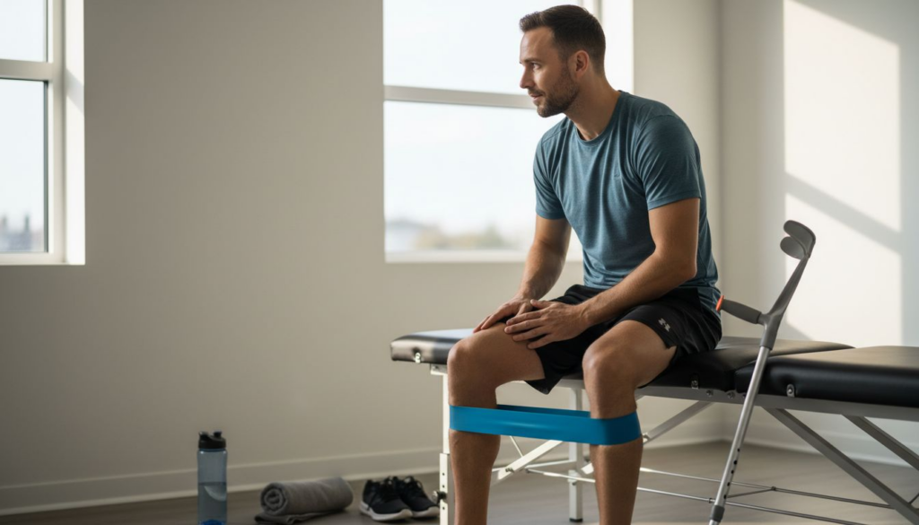 En idrottare tränar upp sitt knä i ett ljust och modernt gym