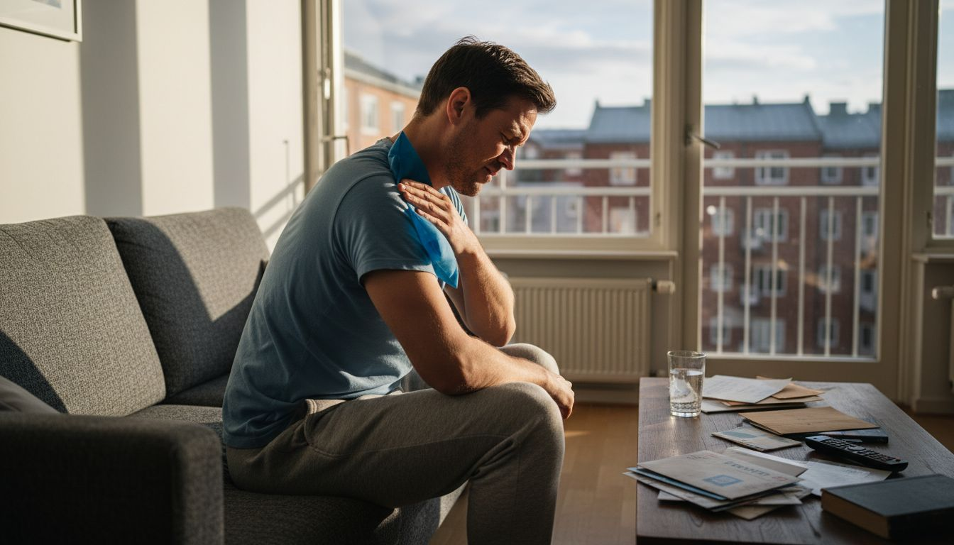 En man sitter i soffan och försöker lindra värken i axeln.