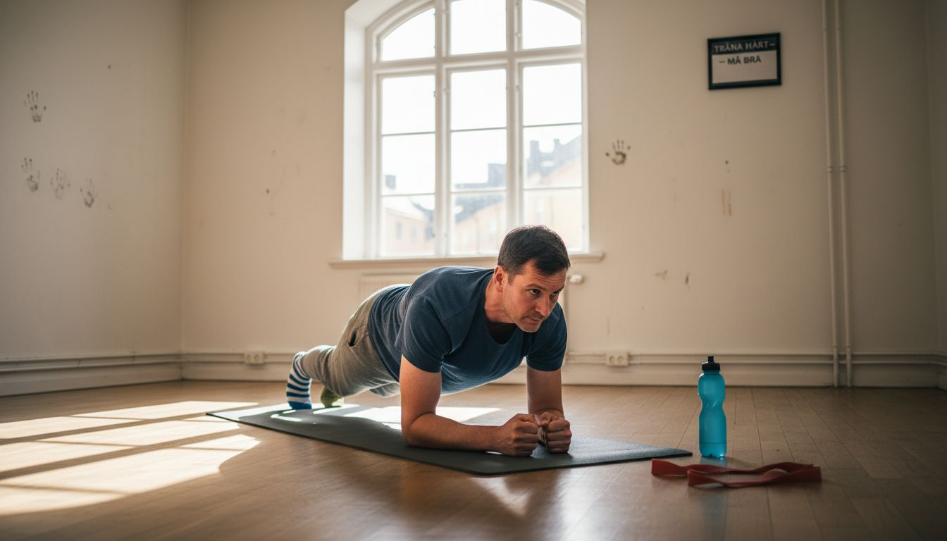 En man utför plankan på gymmet för att stärka ryggen och främja ryggens hälsa.