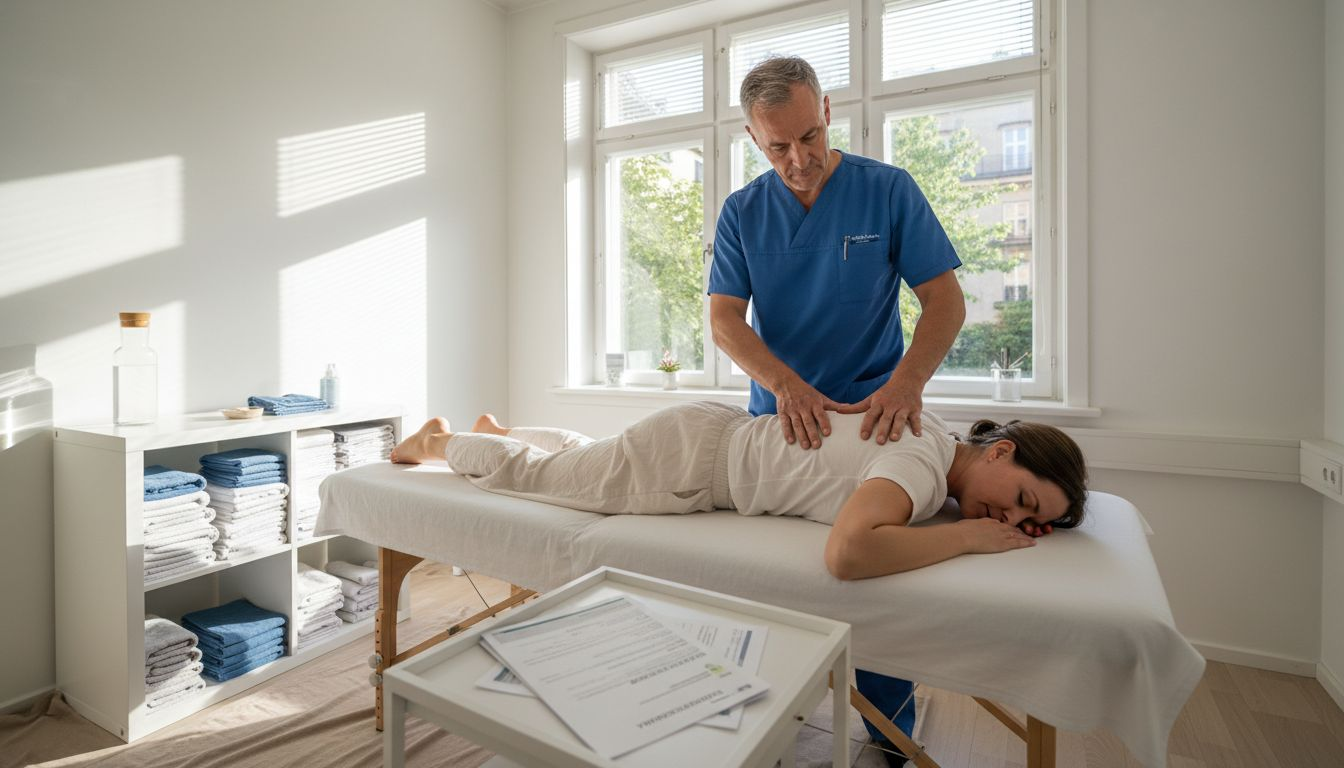 En naprapat hjälper en patient som har ont i ryggen.