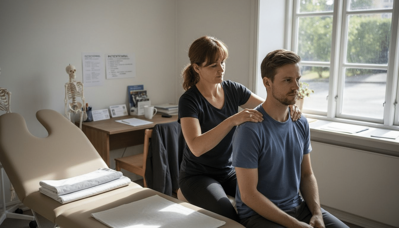 En naprapat tar emot en patient för konsultation i ett ljust och soligt behandlingsrum.