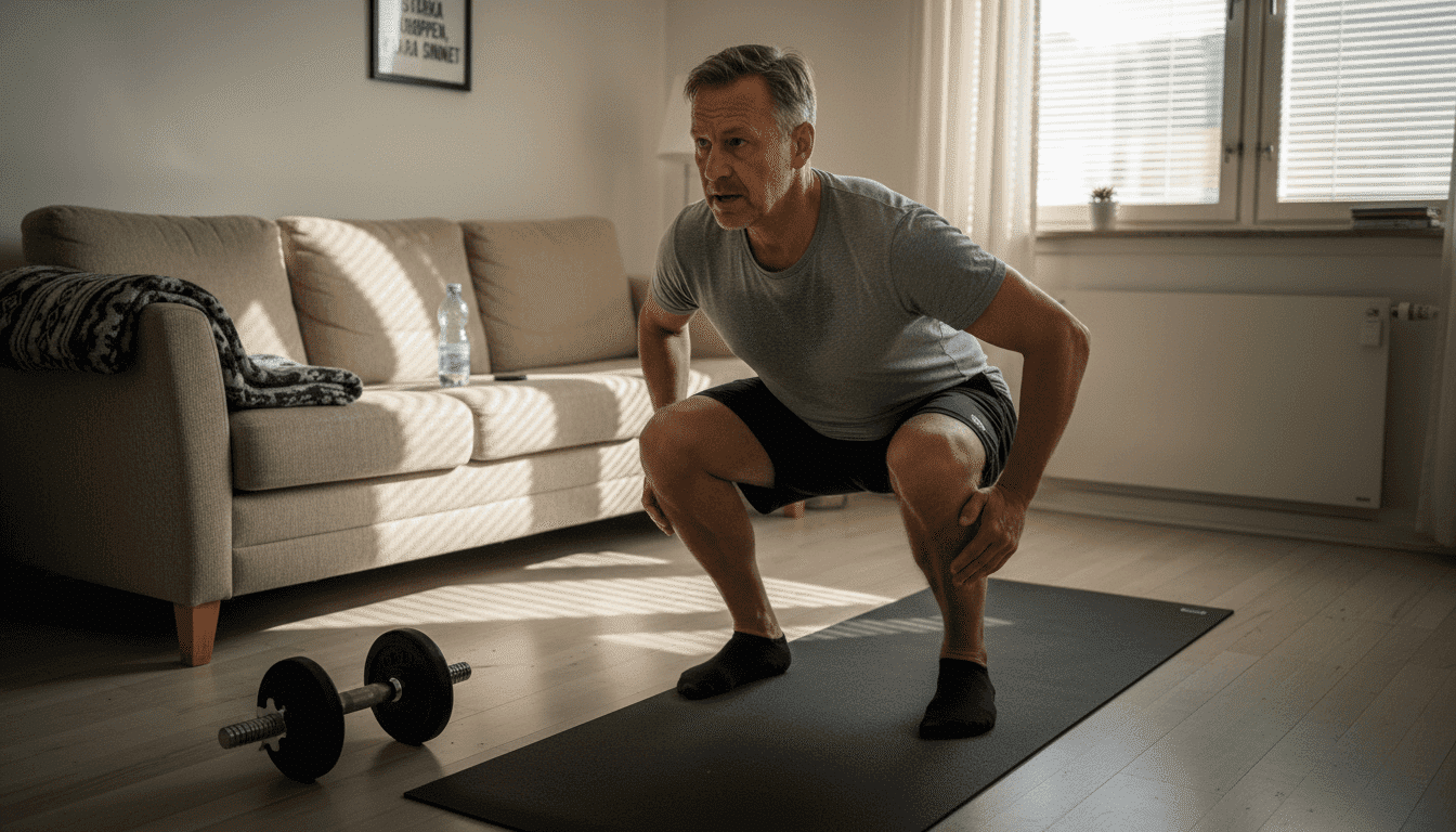 Man sitter på huk i hörnet av sitt hemmagym