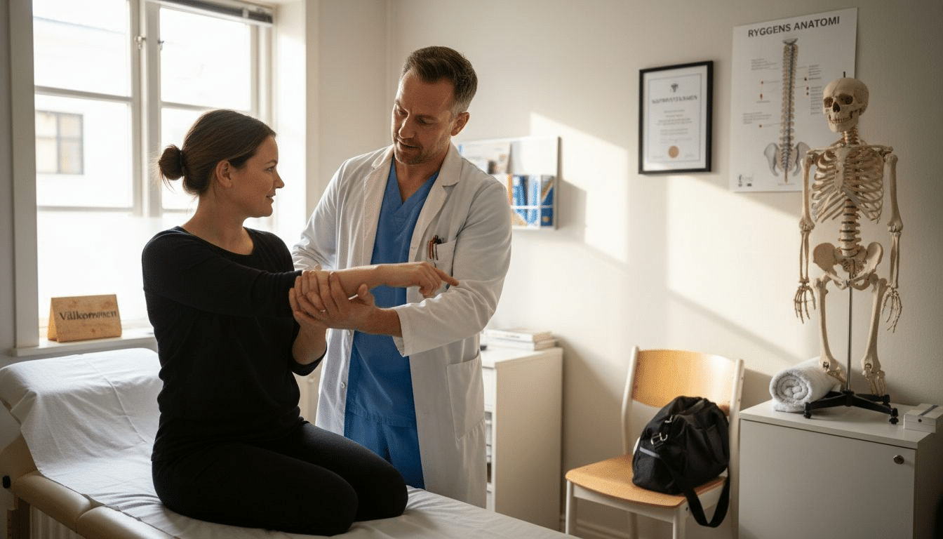 Naprapaten instruerar och vägleder patienten som ligger på behandlingsbänken.