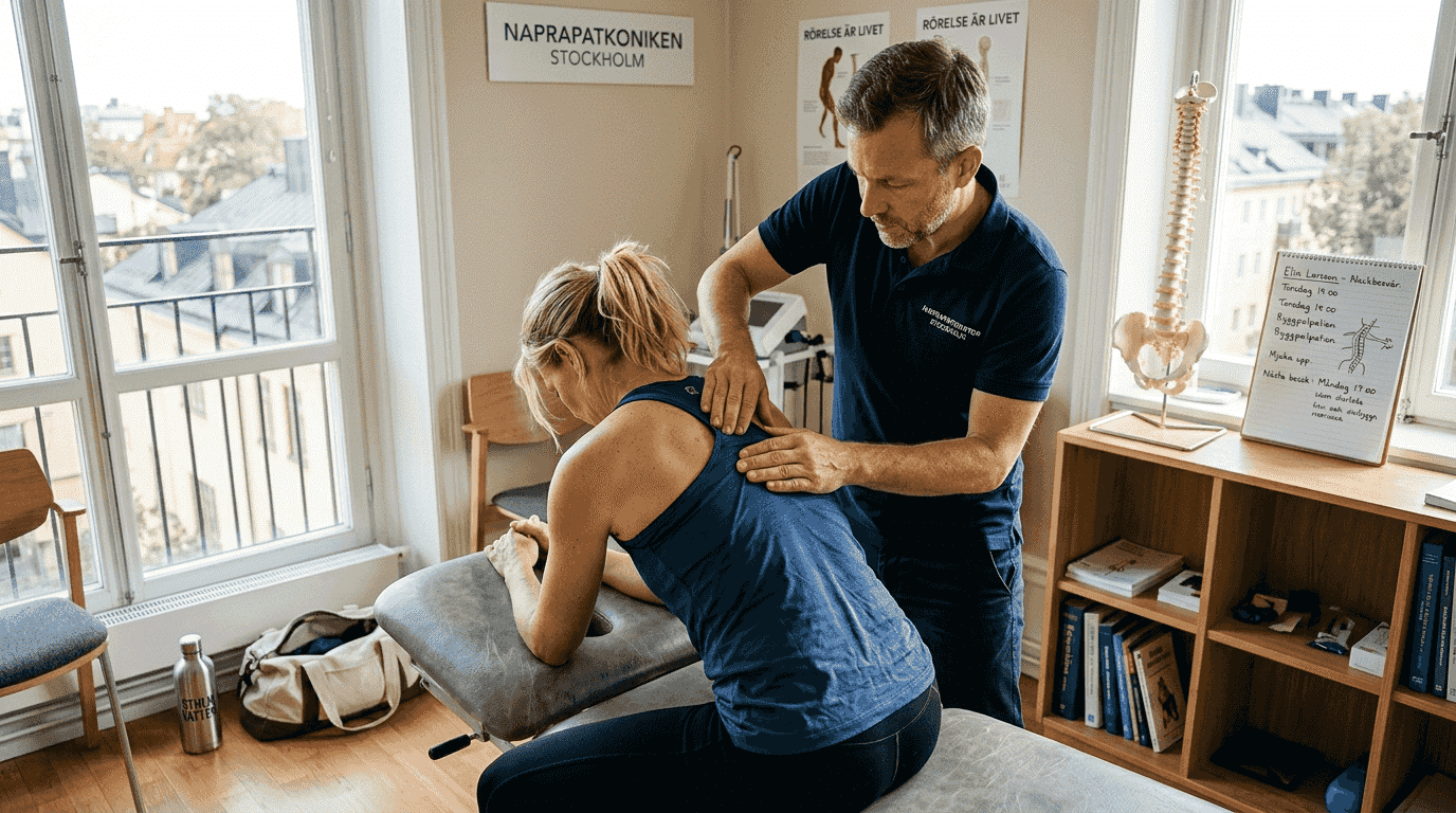 En naprapat hjälper en patient som har ont i ryggen.