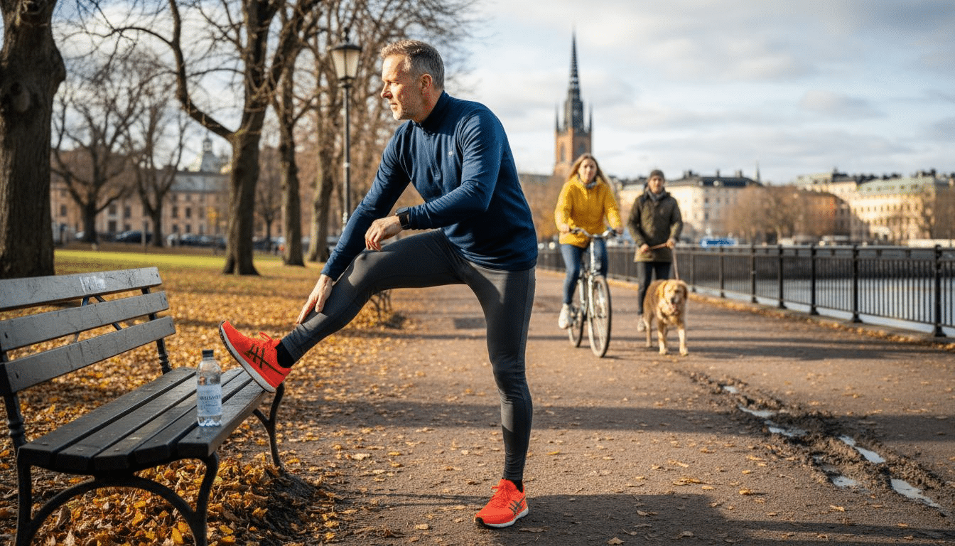En man sträcker ut kroppen i en park i Stockholm för att må bra och hålla sig frisk.