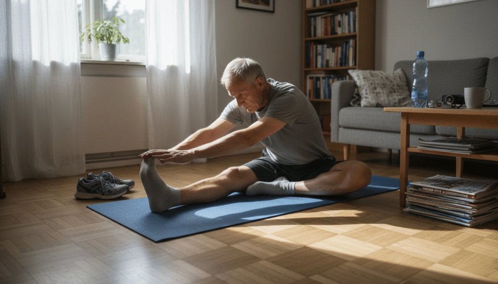 En man som stretta ut sig i ett soligt vardagsrum