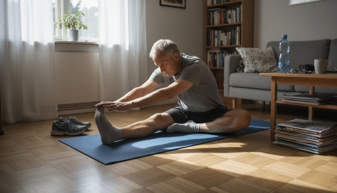 En man som stretta ut sig i ett soligt vardagsrum