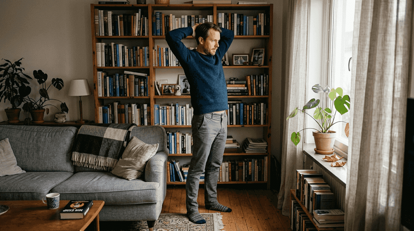 En man stretchar bröstryggen i det soliga vardagsrummet.
