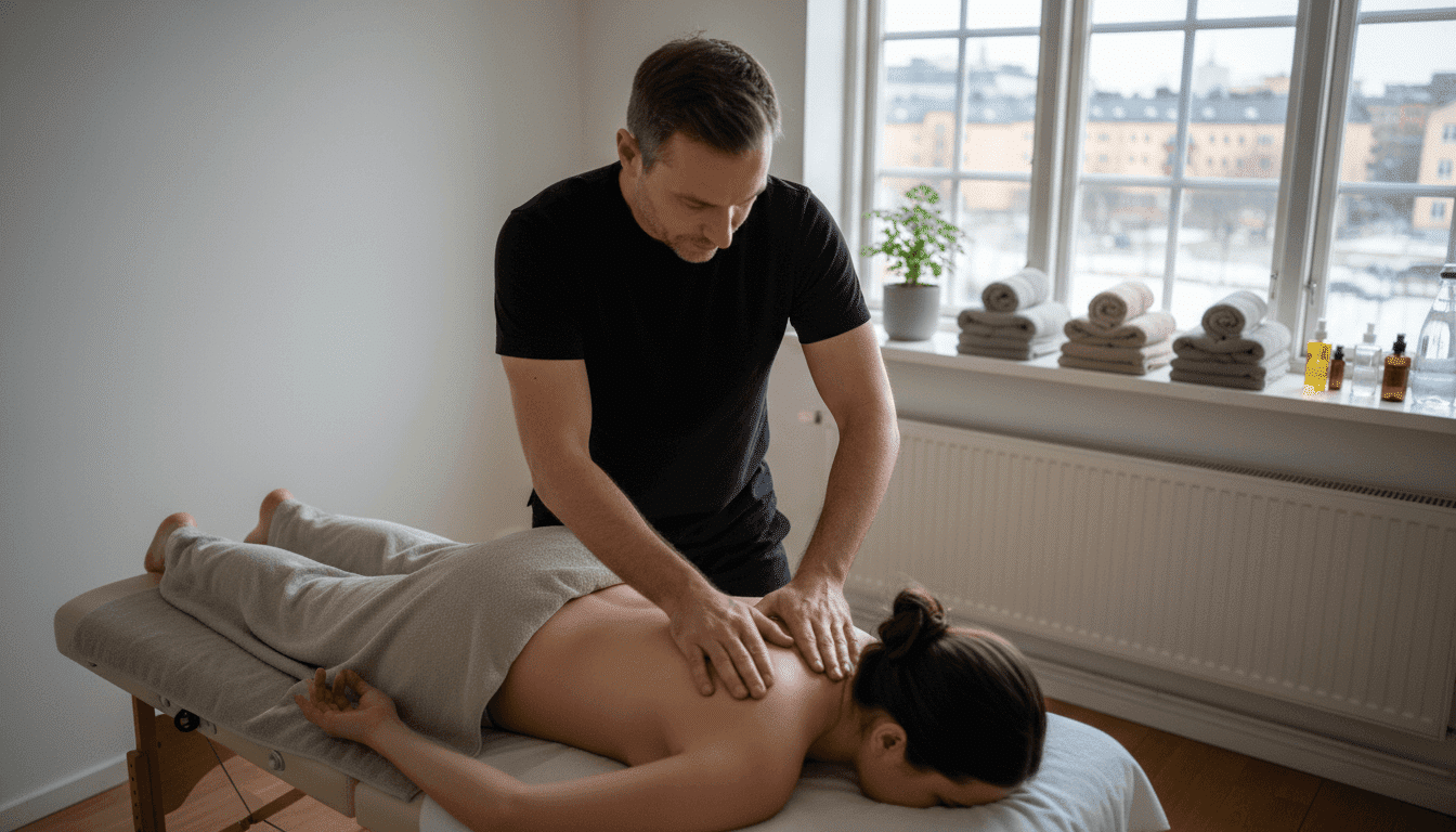 En massör utför behandling på en klinik i Stockholm.