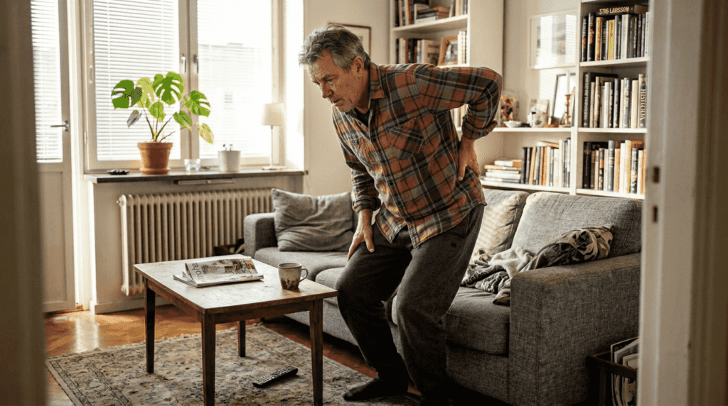 En man reser sig upp från soffan och håller sig för nedre delen av ryggen.