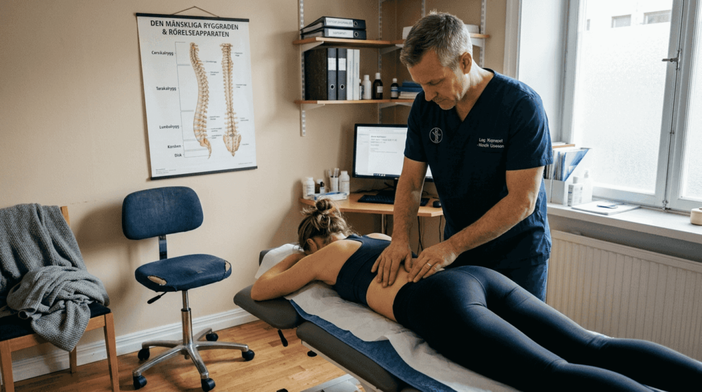 En naprapat undersöker en patient i behandlingsrummet.