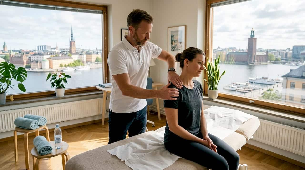 En naprapat undersöker en patient i ett behandlingsrum i Stockholm.