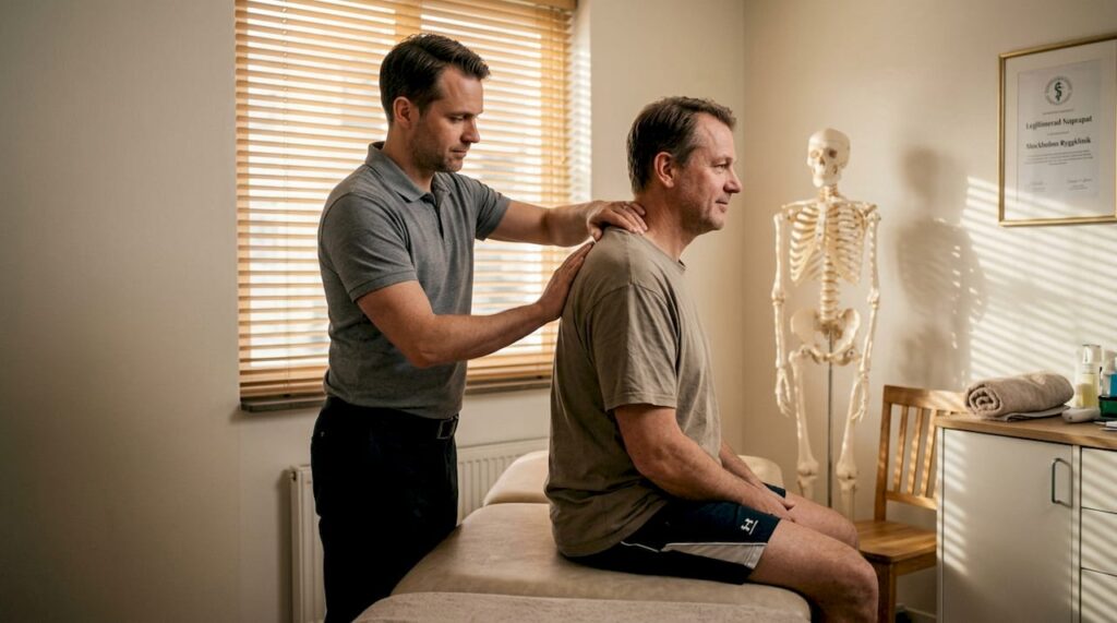 En naprapat undersöker patientens övre rygg med händerna under ett klinikbesök.