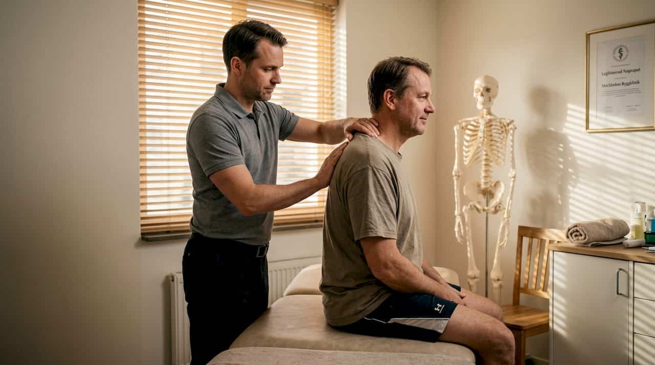 En naprapat undersöker patientens övre rygg med händerna under ett klinikbesök.