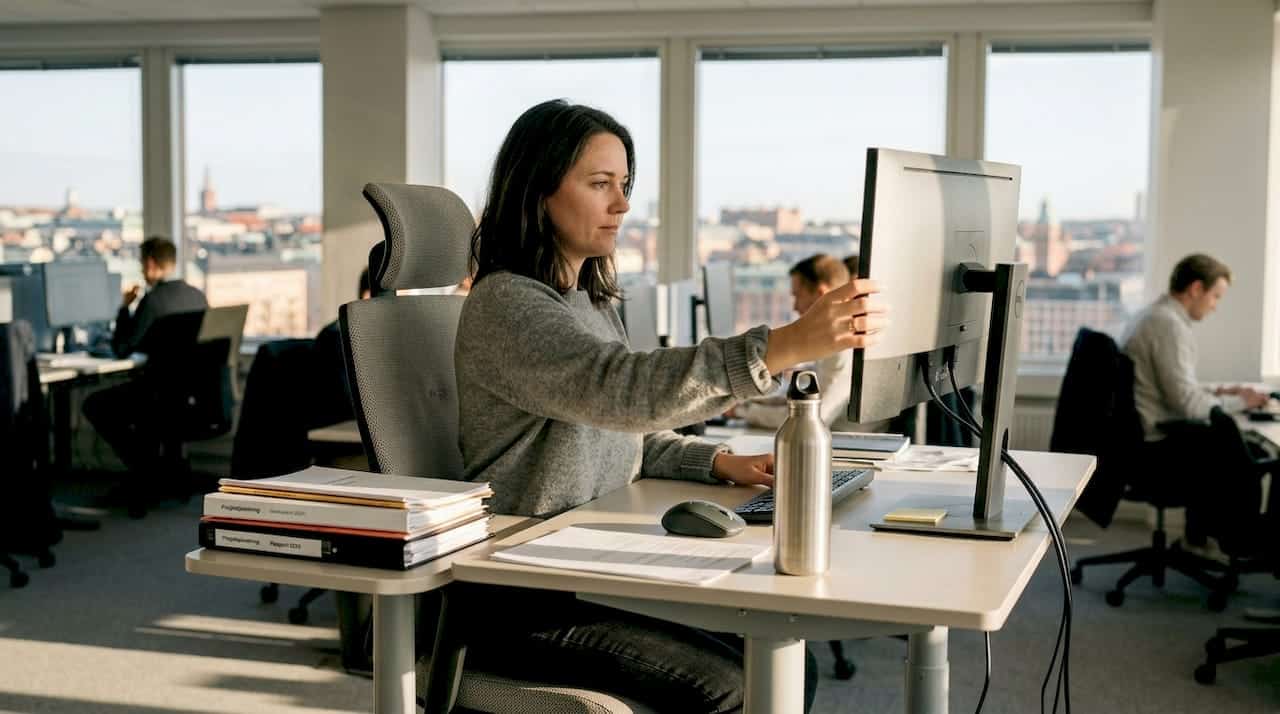 En anställd justerar sin datorskärm på ett kontor i Stockholm.