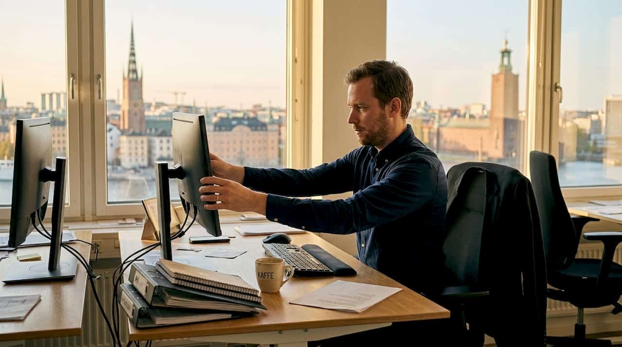 En person sitter vid sitt skrivbord på kontoret och ställer in skärmen för att få rätt arbetsställning.