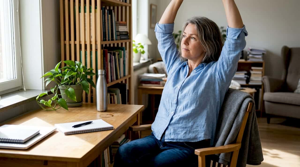 Kvinna i medelåldern sträcker på sig vid sitt prydliga skrivbord hemma.