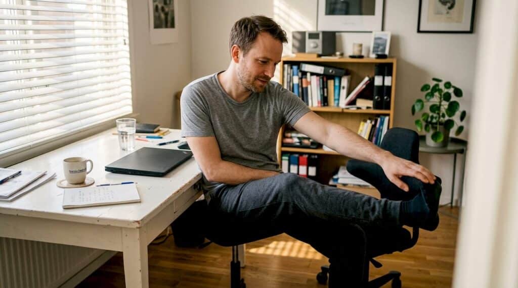 En person som sträcker ut sig mjukt vid sitt skrivbord hemma.