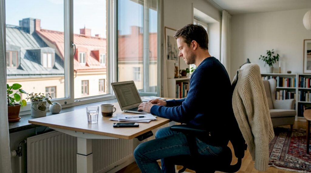 Man har en ergonomisk sittställning vid skrivbordet på hemmakontoret.