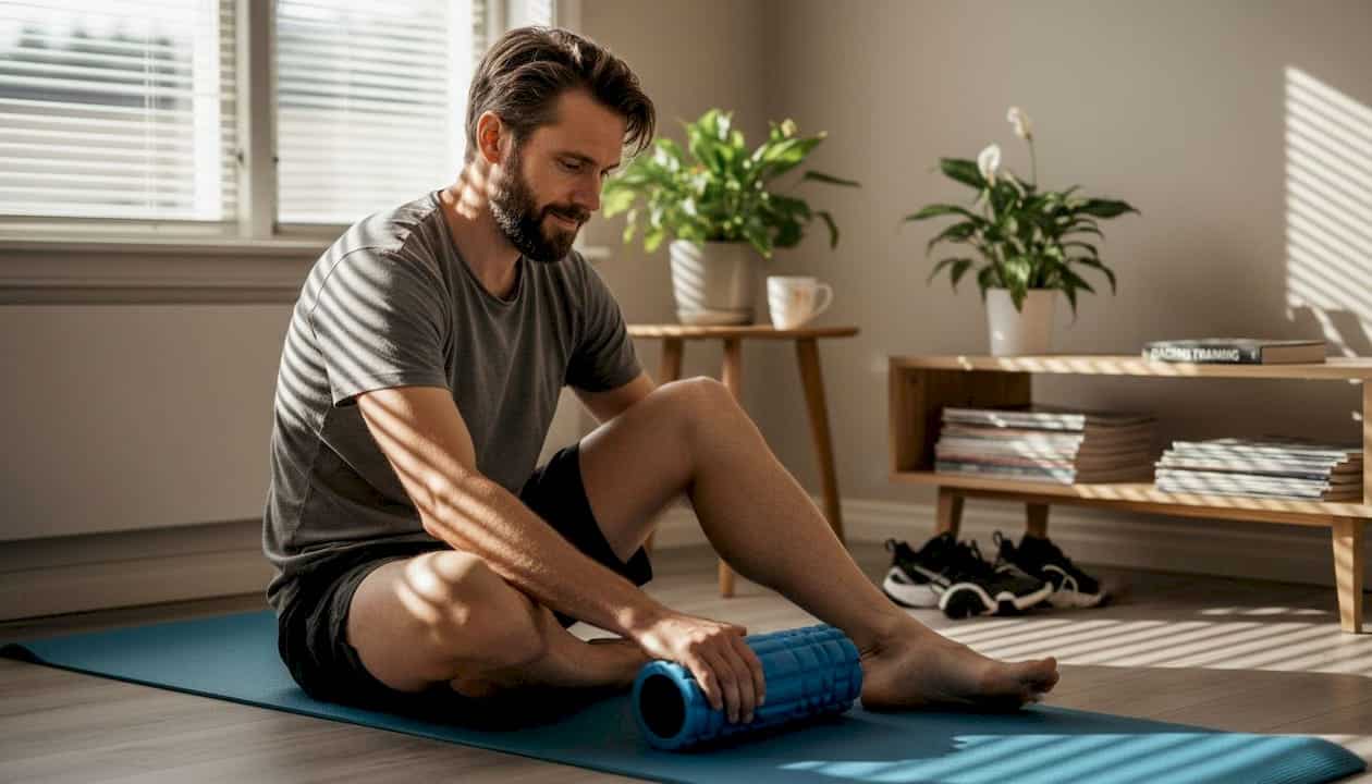 En man rullar ut musklerna med en foam roller i vardagsrummet där solen strömmar in.