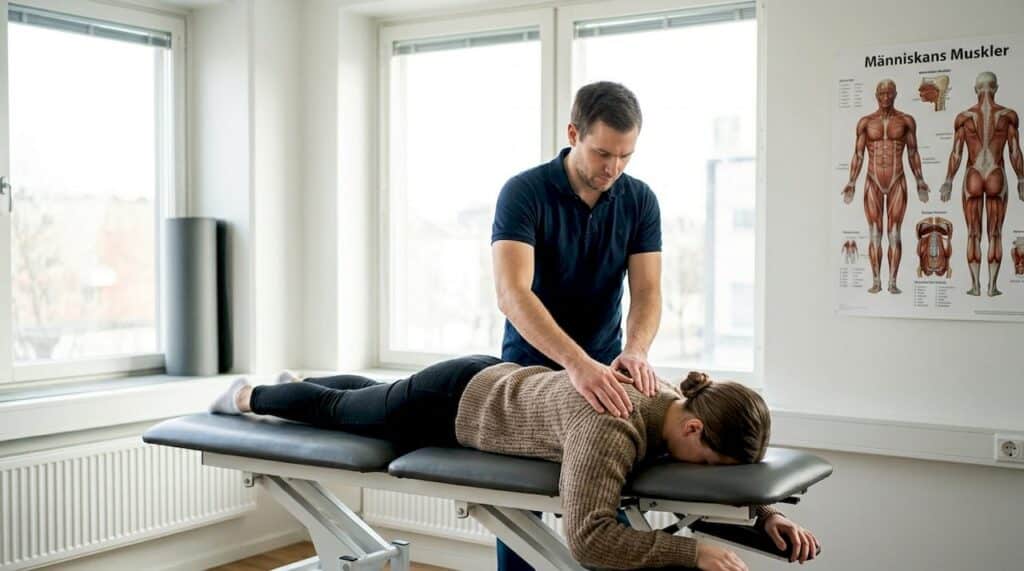 En naprapat hjälper en patient med axelbesvär inne på mottagningen.