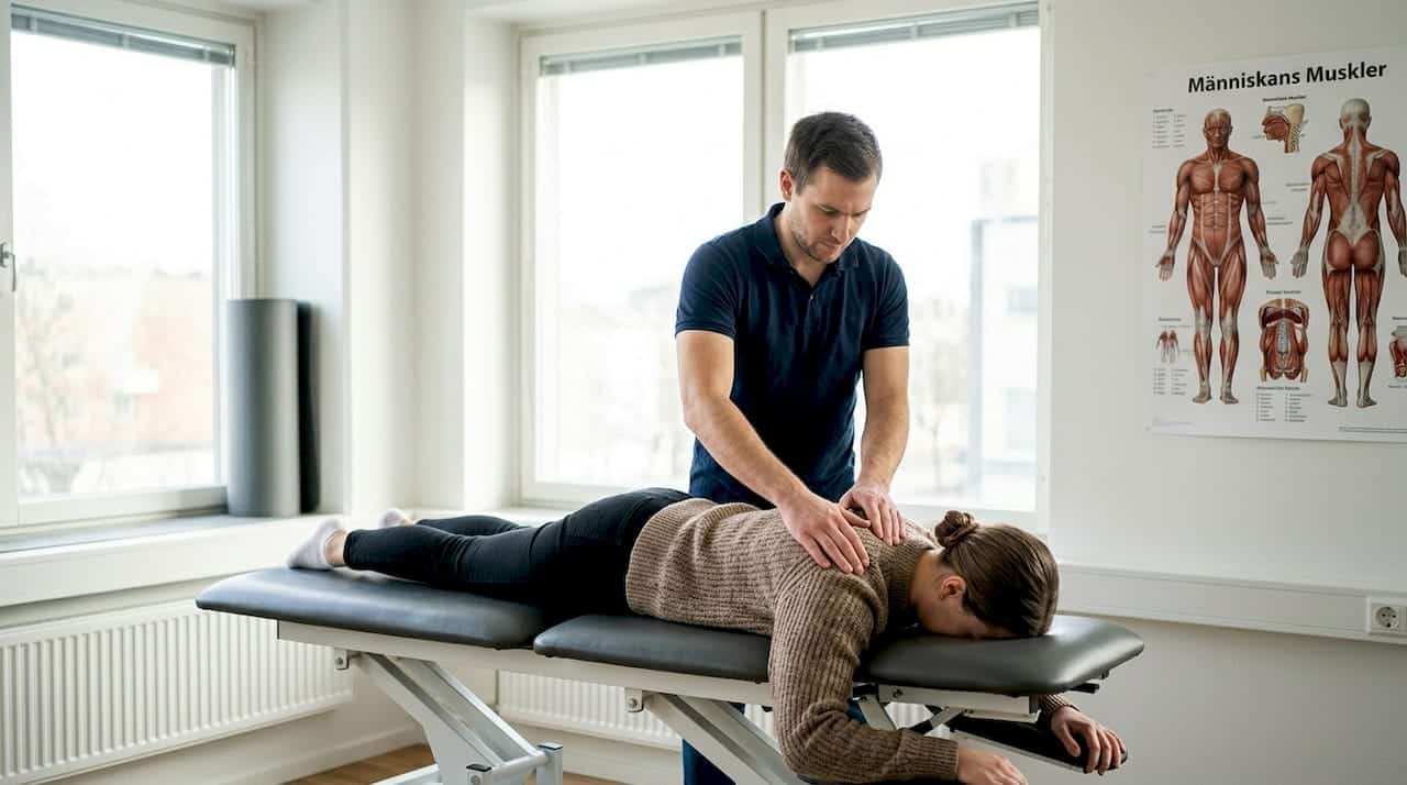 En naprapat hjälper en patient med axelbesvär inne på mottagningen.