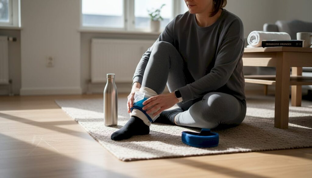 En kvinna lindrar sina muskelbesvär hemma med hjälp av en ispåse.